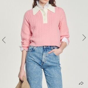 Sandro Pink Cable Knit Sweater with Cream Collar